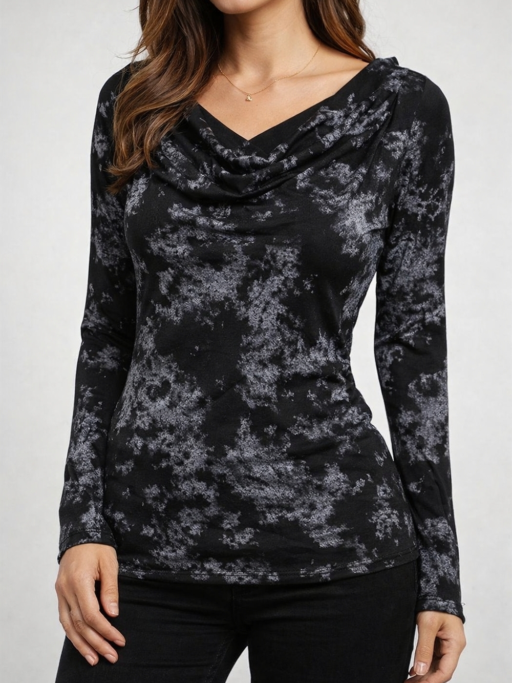 Women’s Black Gray Print Long Sleeve Draped Neck Stretch Top M/L